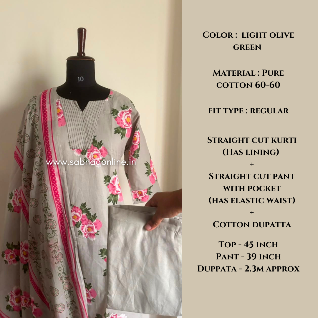 Malaviya - Muted Olive green Cotton kurti 3pc set with lining - LN 65