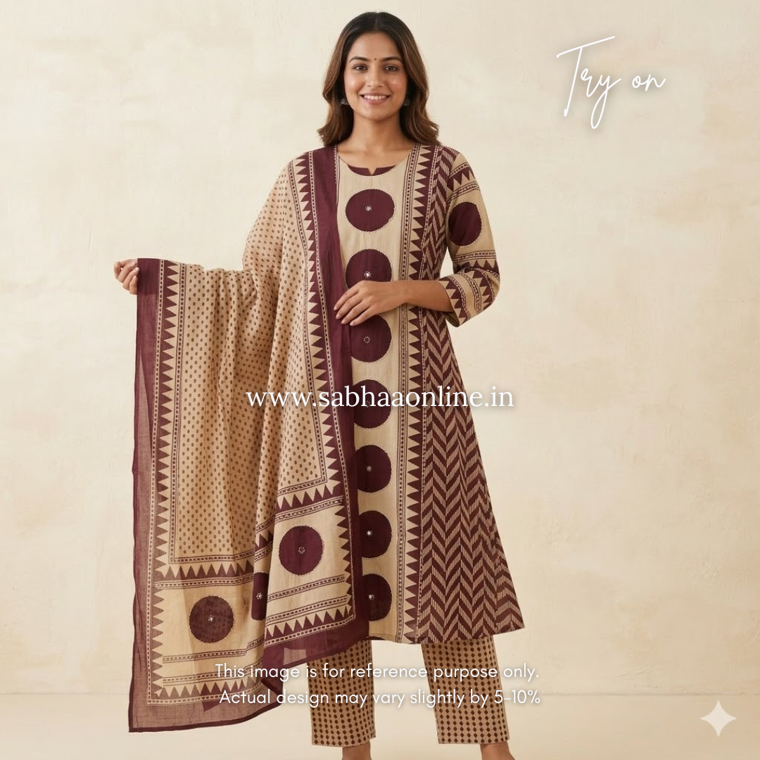 Chakra - Beige and Wine Aline Premium Cotton kurti 3pc set - LN 51
