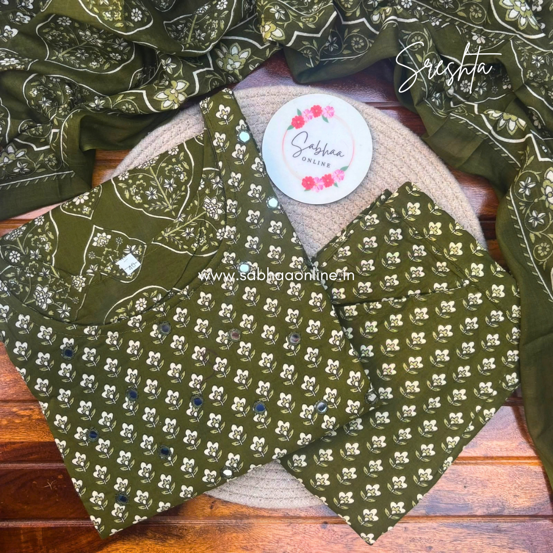 Sreshta - Olive green/Army green Cotton kurti 3pc set with lining - LN 74
