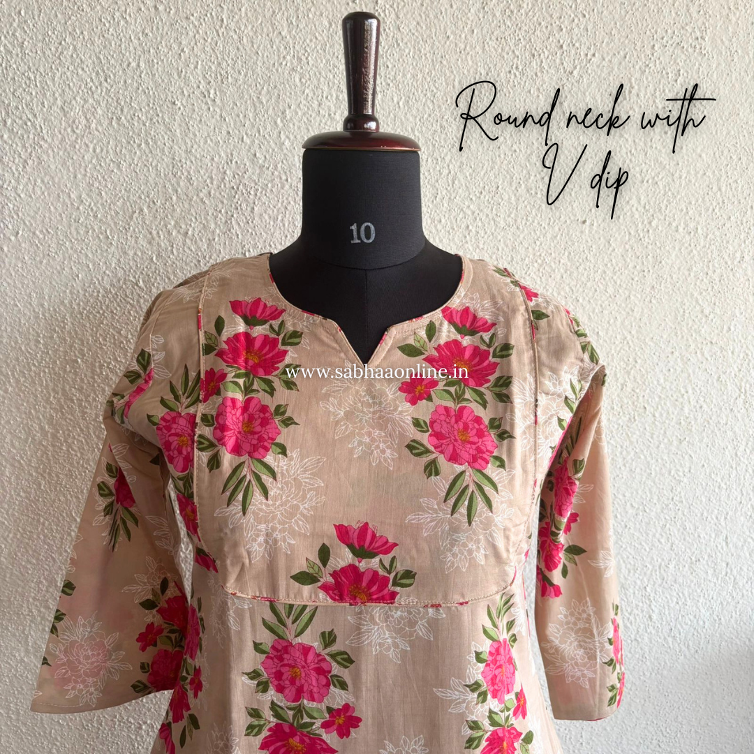 Anne - Beige and Pink Cotton kurti 3pc set with lining (Slim fit)- LN 46