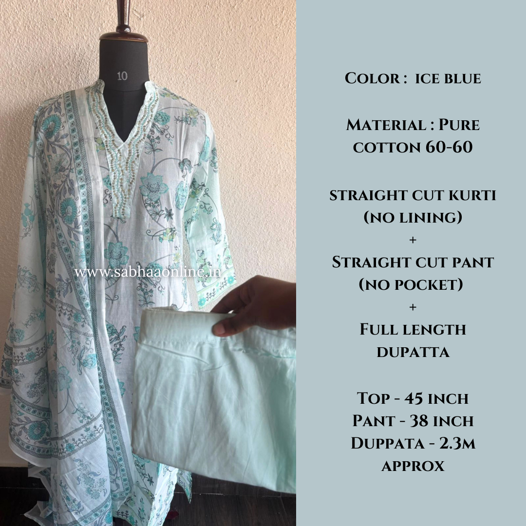 Avanti - Ice Blue Premium Cotton kurti 3pc set - LN 51