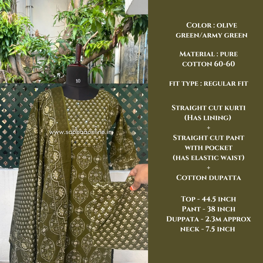 Sreshta - Olive green/Army green Cotton kurti 3pc set with lining - LN 74