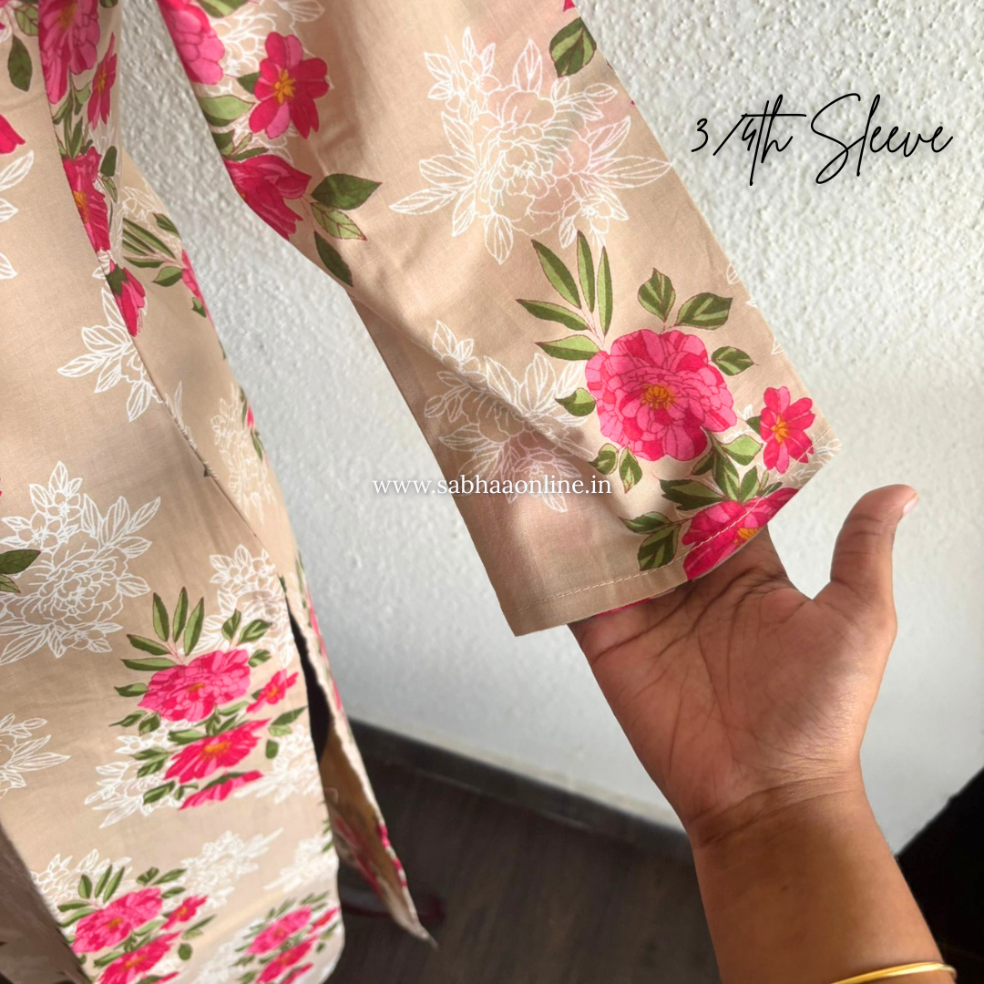 Anne - Beige and Pink Cotton kurti 3pc set with lining (Slim fit)- LN 46
