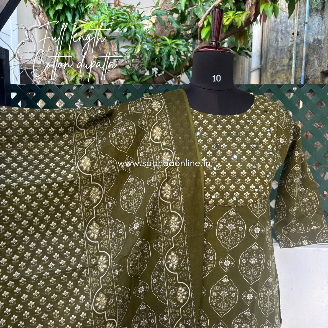 Sreshta - Olive green/Army green Cotton kurti 3pc set with lining - LN 74