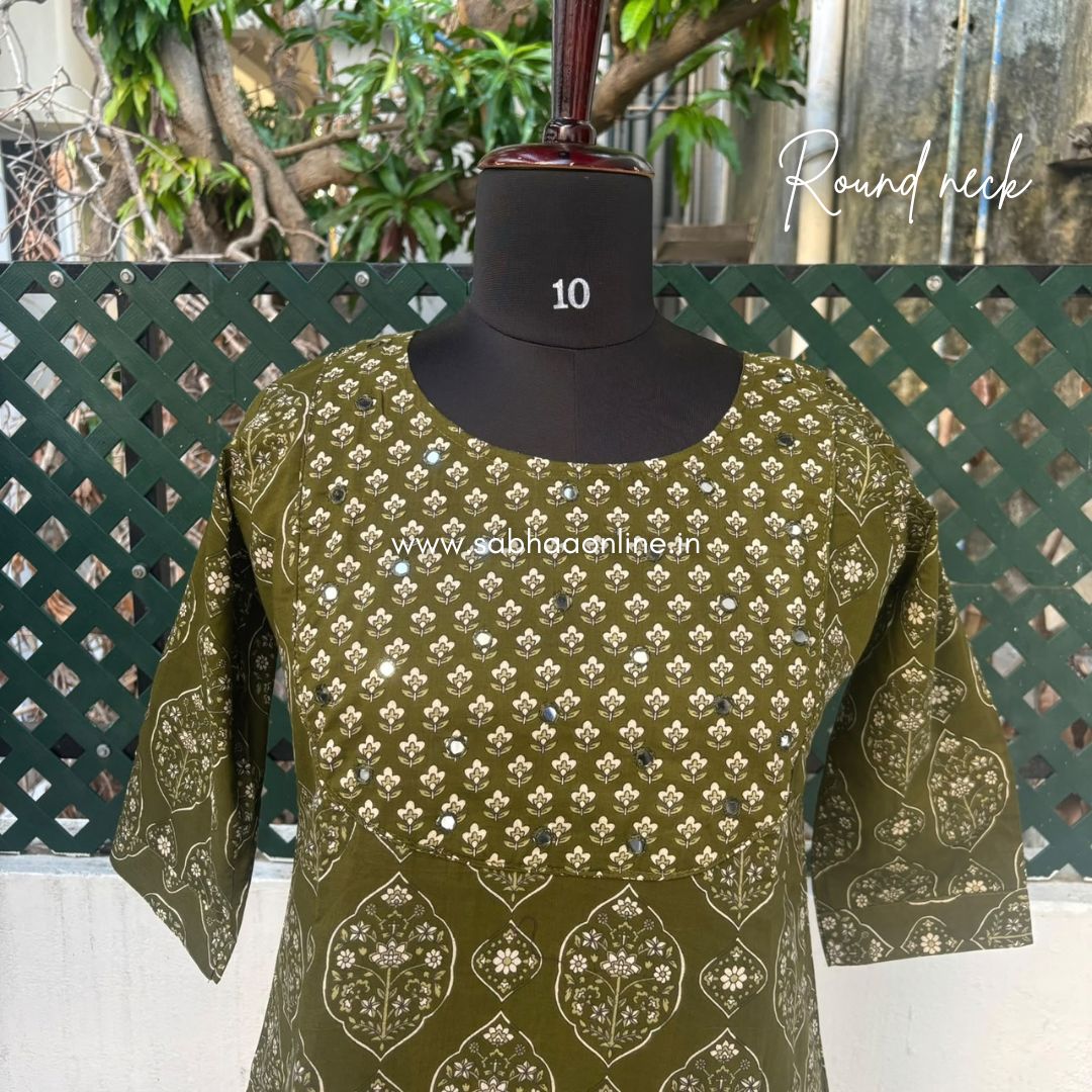 Sreshta - Olive green/Army green Cotton kurti 3pc set with lining - LN 74