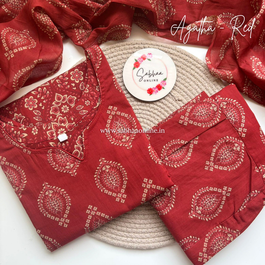 Agatha - Crimson Red Cotton Kurti 3pc set with lining - LN 46