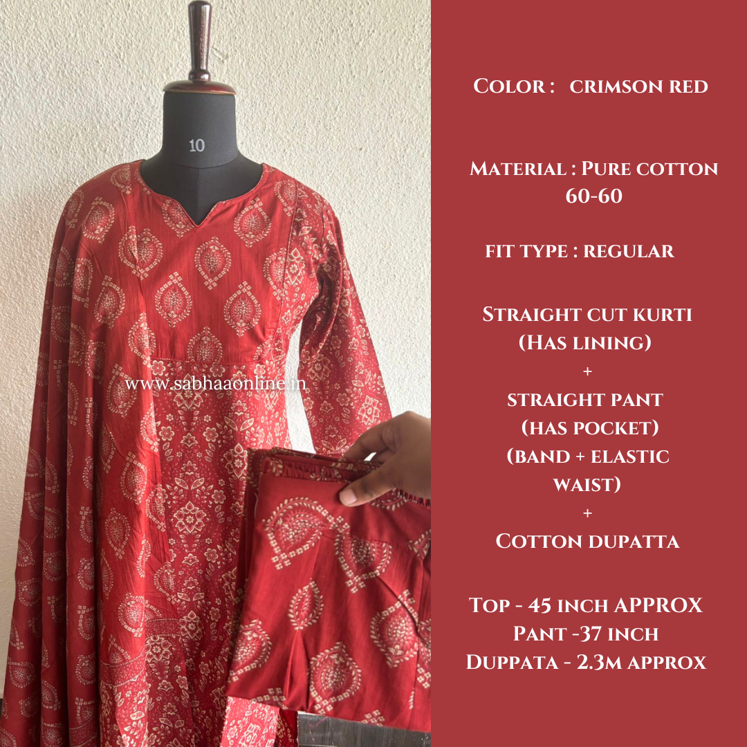 Agatha - Crimson Red Cotton Kurti 3pc set with lining - LN 46