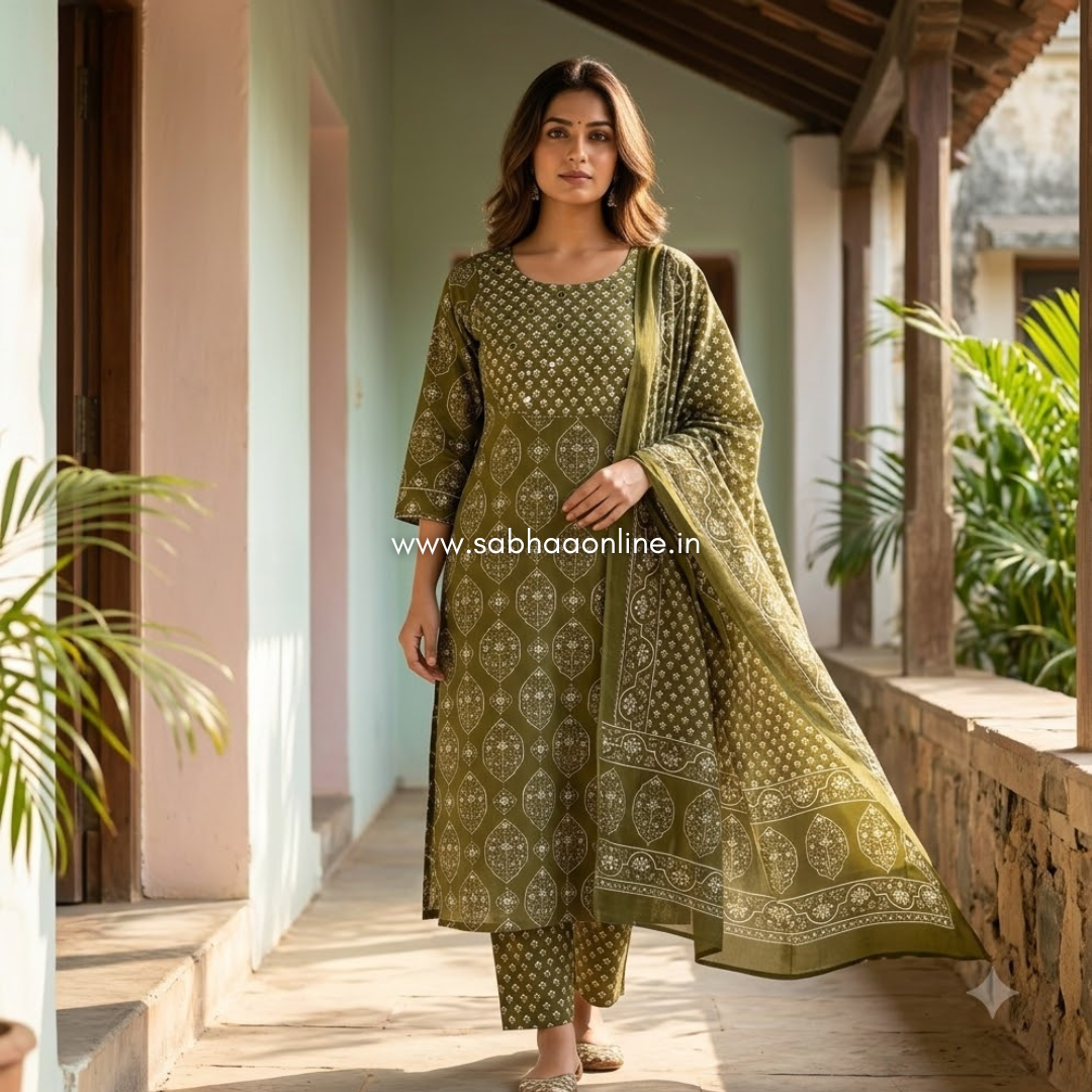 Sreshta - Olive green/Army green Cotton kurti 3pc set with lining - LN 74