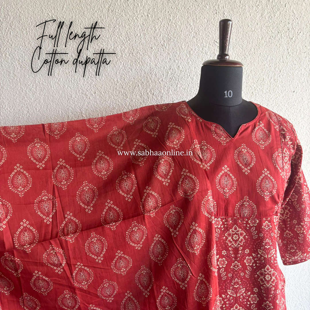 Agatha - Crimson Red Cotton Kurti 3pc set with lining - LN 46