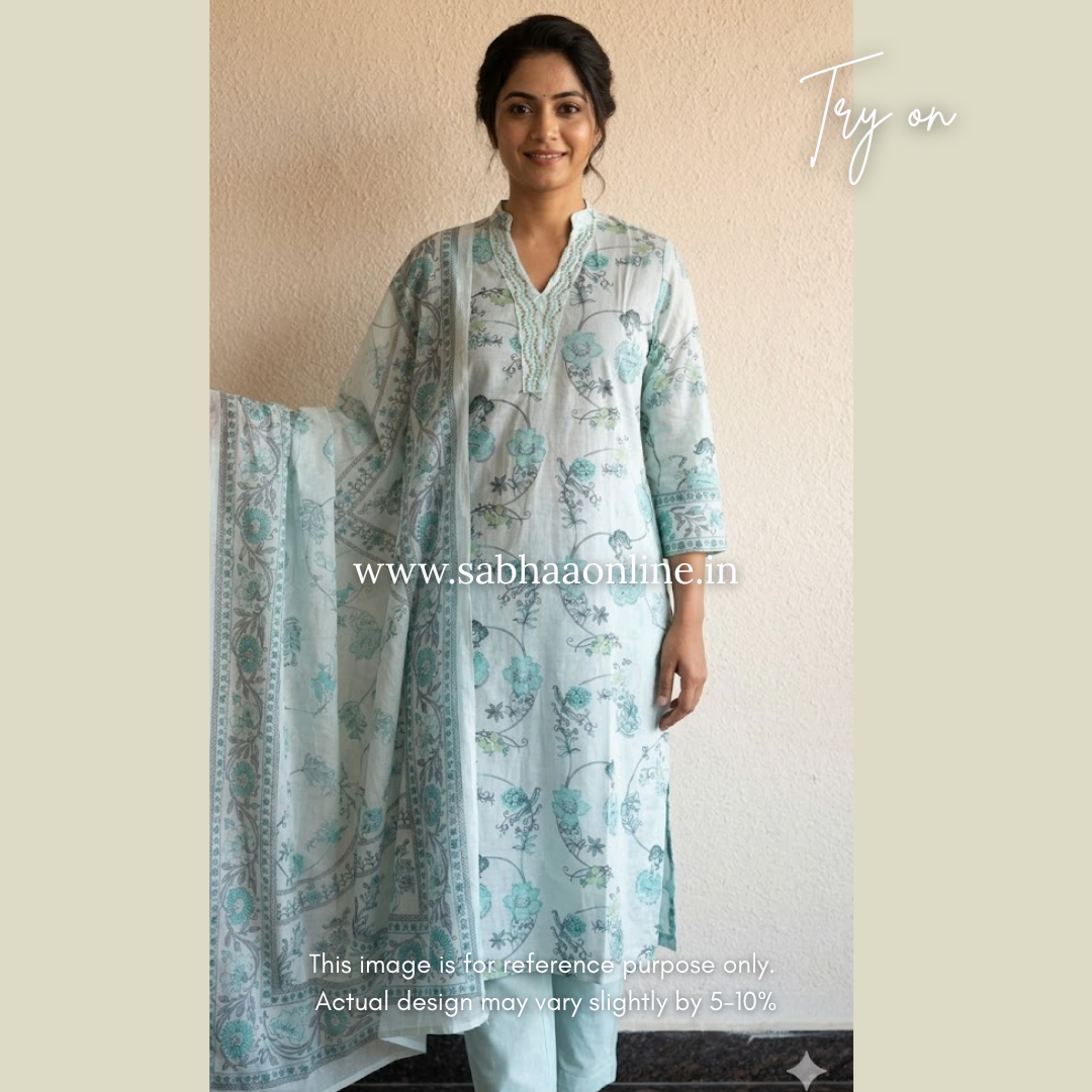 Avanti - Ice Blue Premium Cotton kurti 3pc set - LN 51