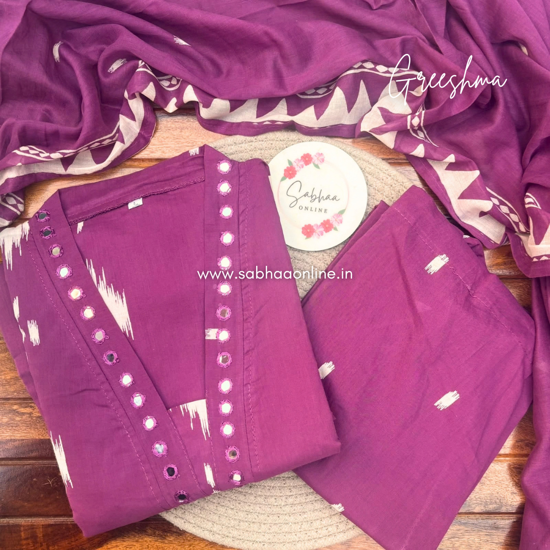 Greeshma - Plum Ikkat Cotton kurti 3pc set with lining - LN 74