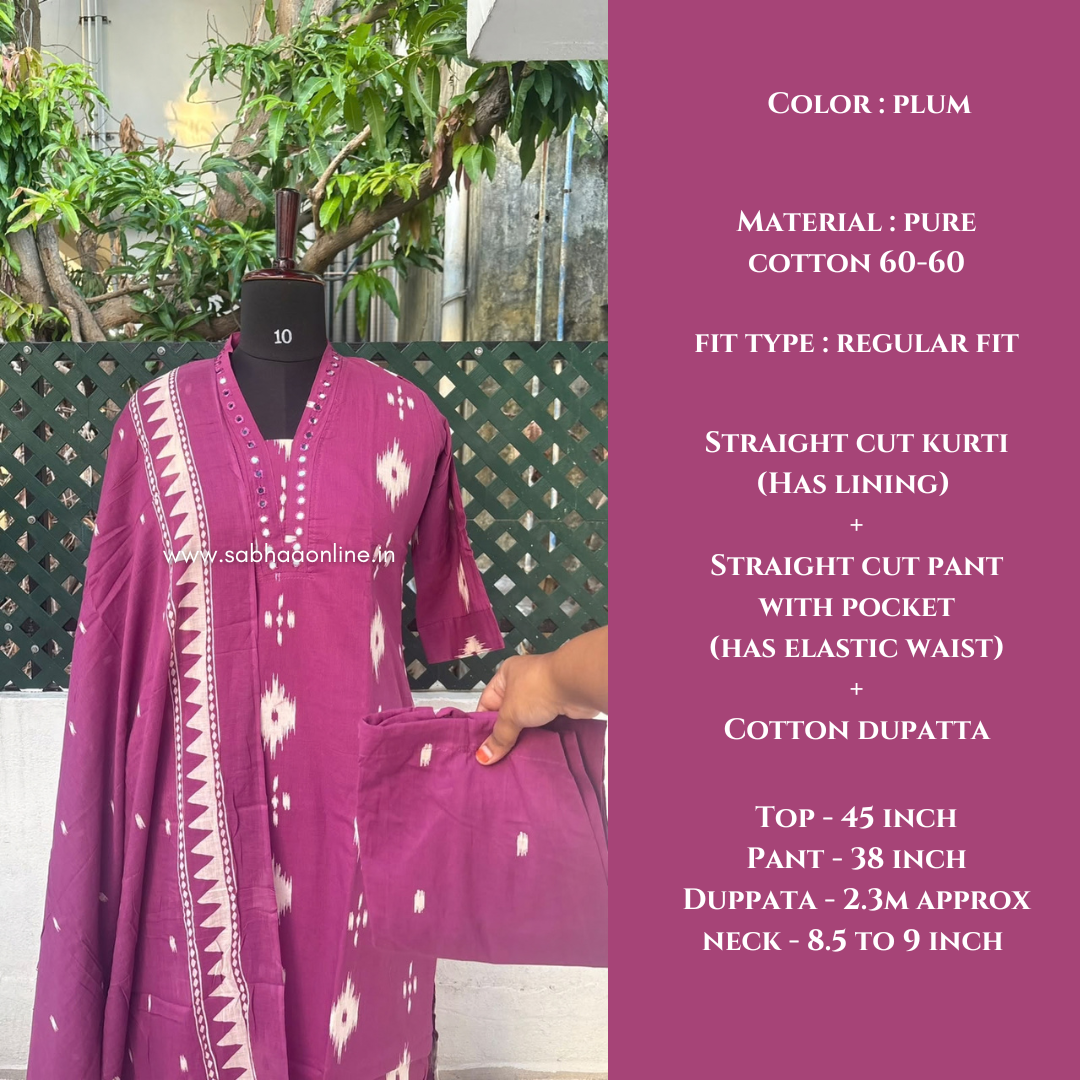 Greeshma - Plum Ikkat Cotton kurti 3pc set with lining - LN 74