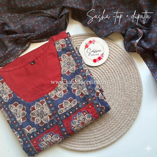 Sashi - Red and Blue Cotton kurti + dupatta set (No pant included) - Only in SIZE 42 and 46 - LN 53
