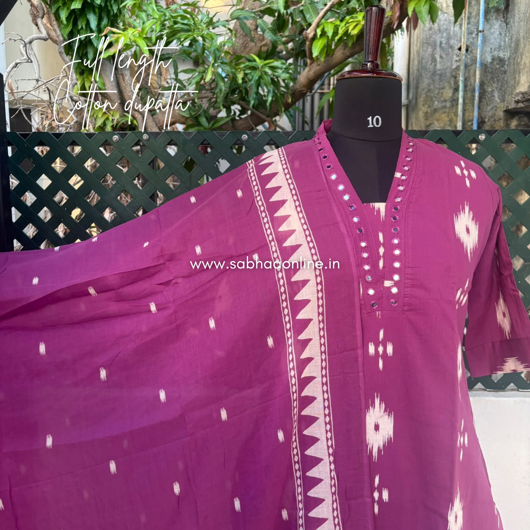 Greeshma - Plum Ikkat Cotton kurti 3pc set with lining - LN 74