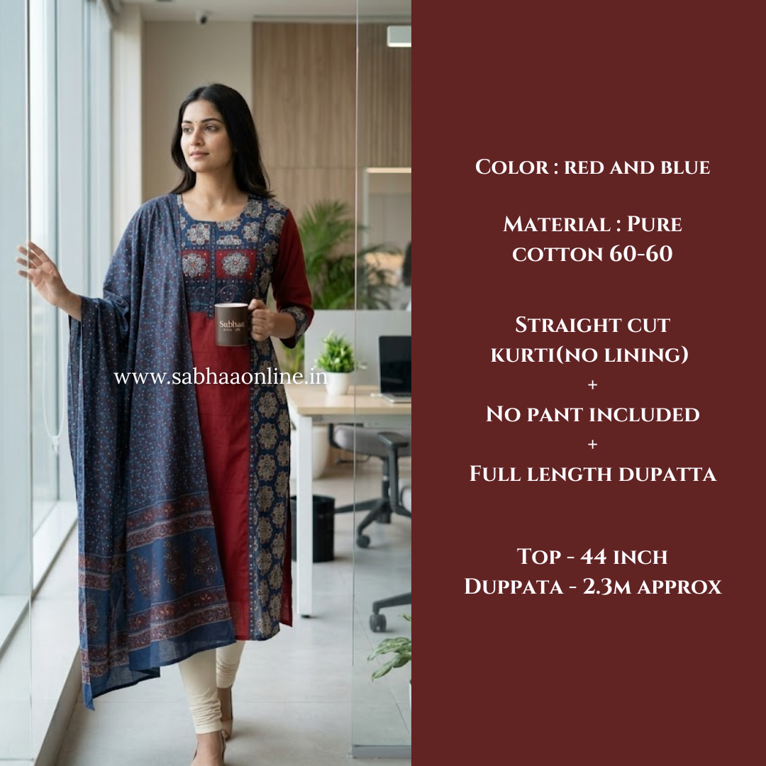Sashi - Red and Blue Cotton kurti + dupatta set (No pant included) - Only in SIZE 42 and 46 - LN 53