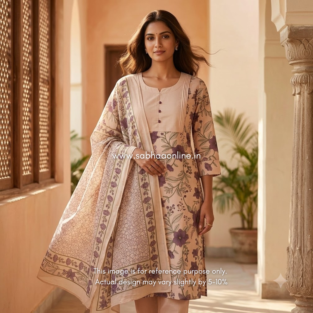 Suba - Beige Taupe Cotton kurti 3pc set with lining - LN 65