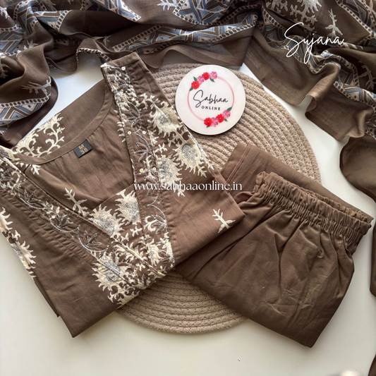 Sujana - Grey Brown Cotton kurti 3pc set - LN23