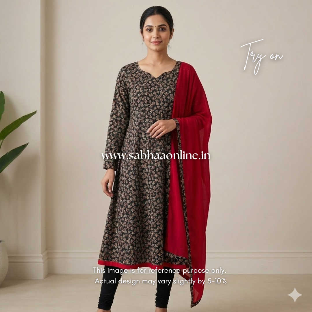 Selvi - Black and Red Cotton crepe Anarkali + dupatta set - LN24