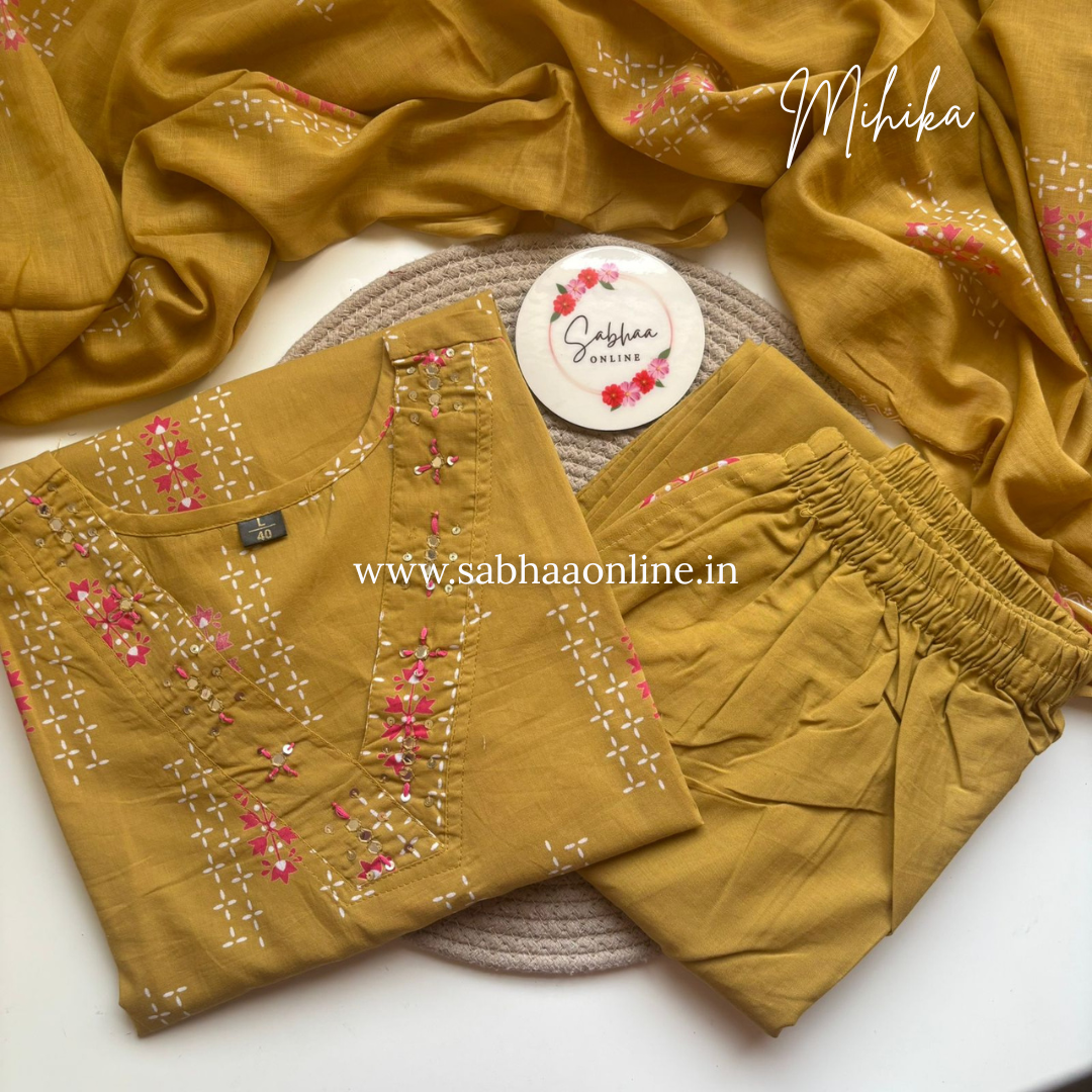 Mihika - Muted Gold Cotton kurti 3pc set - LN 54