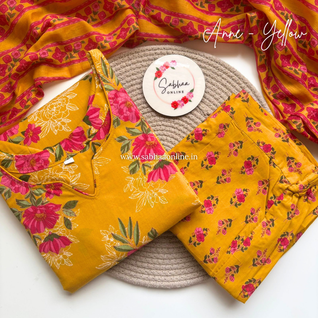 Anne - Yellow and Pink Cotton Kurti 3pc set with lining - LN 46