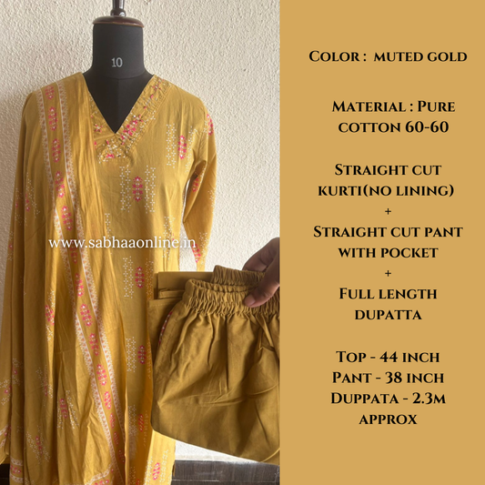 Mihika - Muted Gold Cotton kurti 3pc set - LN 54