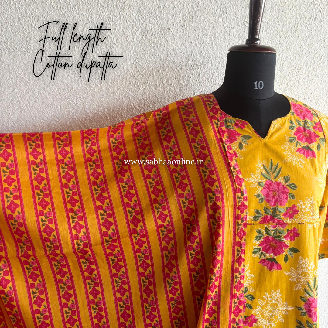 Anne - Yellow and Pink Cotton Kurti 3pc set with lining - LN 46