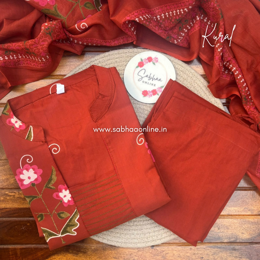 Kural - Rust Orange Floral Cotton kurti 3pc set with lining - LN 74