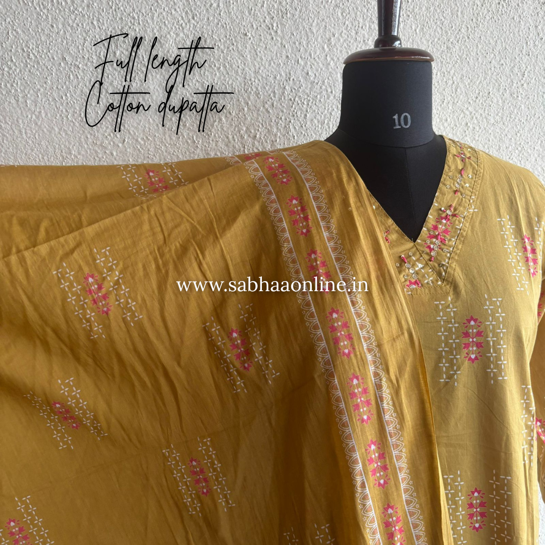 Mihika - Muted Gold Cotton kurti 3pc set - LN 54