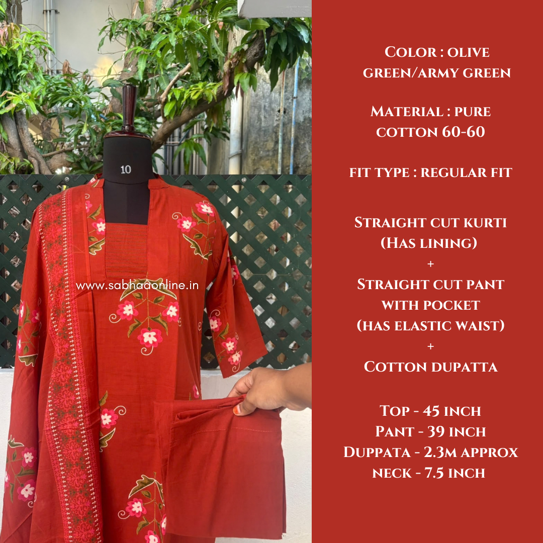 Kural - Rust Orange Floral Cotton kurti 3pc set with lining - LN 74
