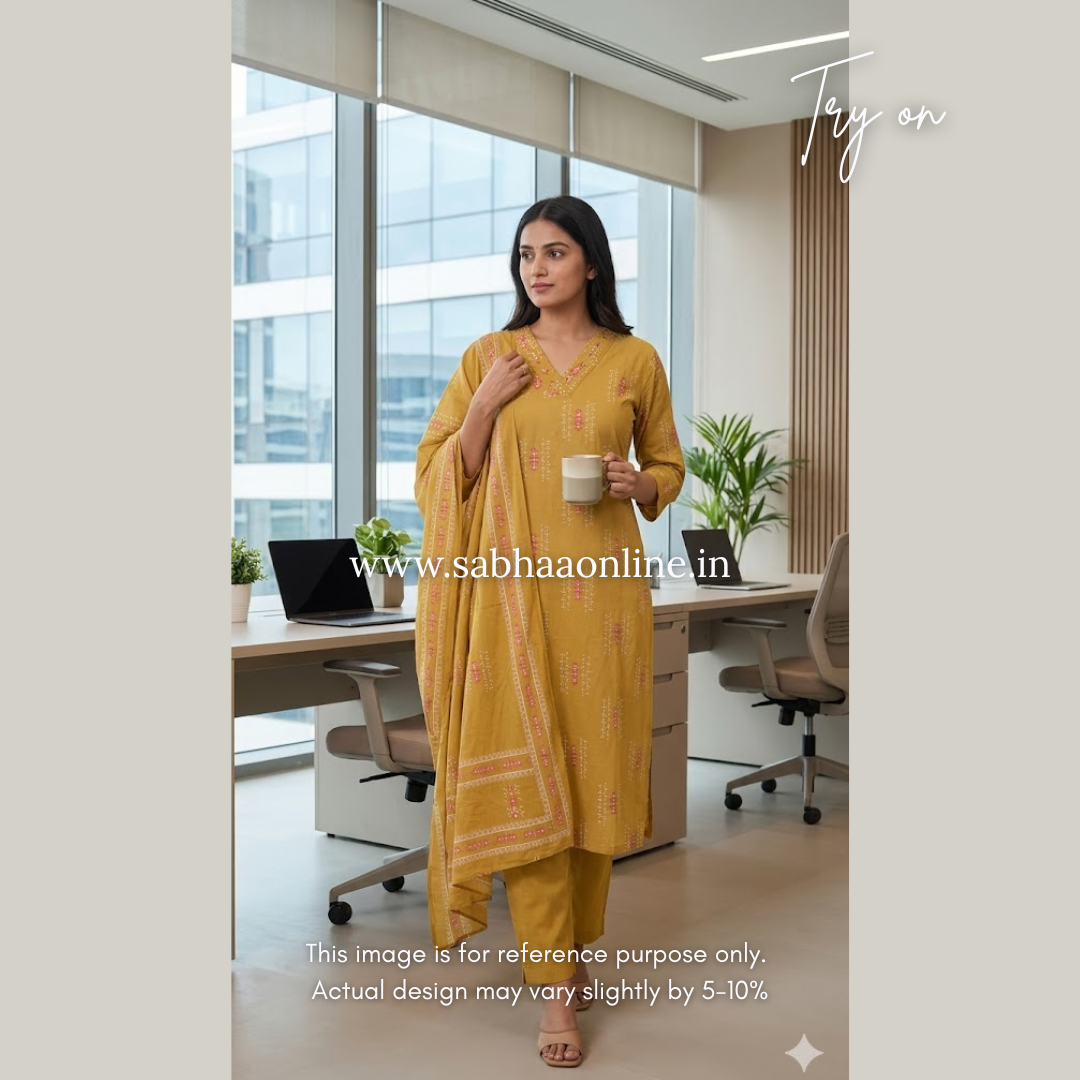 Mihika - Muted Gold Cotton kurti 3pc set - LN 54