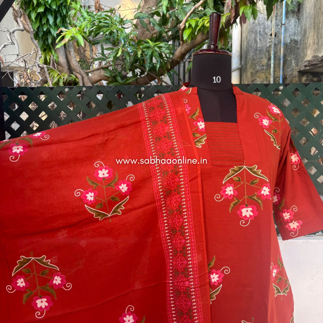Kural - Rust Orange Floral Cotton kurti 3pc set with lining - LN 74