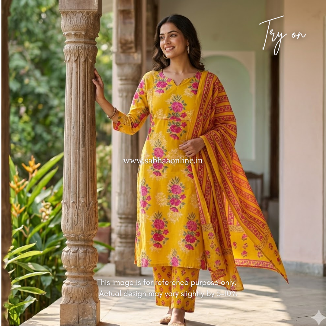 Anne - Yellow and Pink Cotton Kurti 3pc set with lining - LN 46