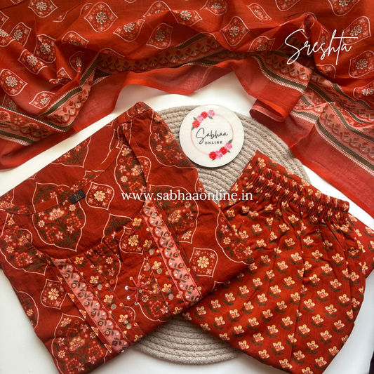 Sreshta - Orange Cotton Kurti 3pc set - LN 54