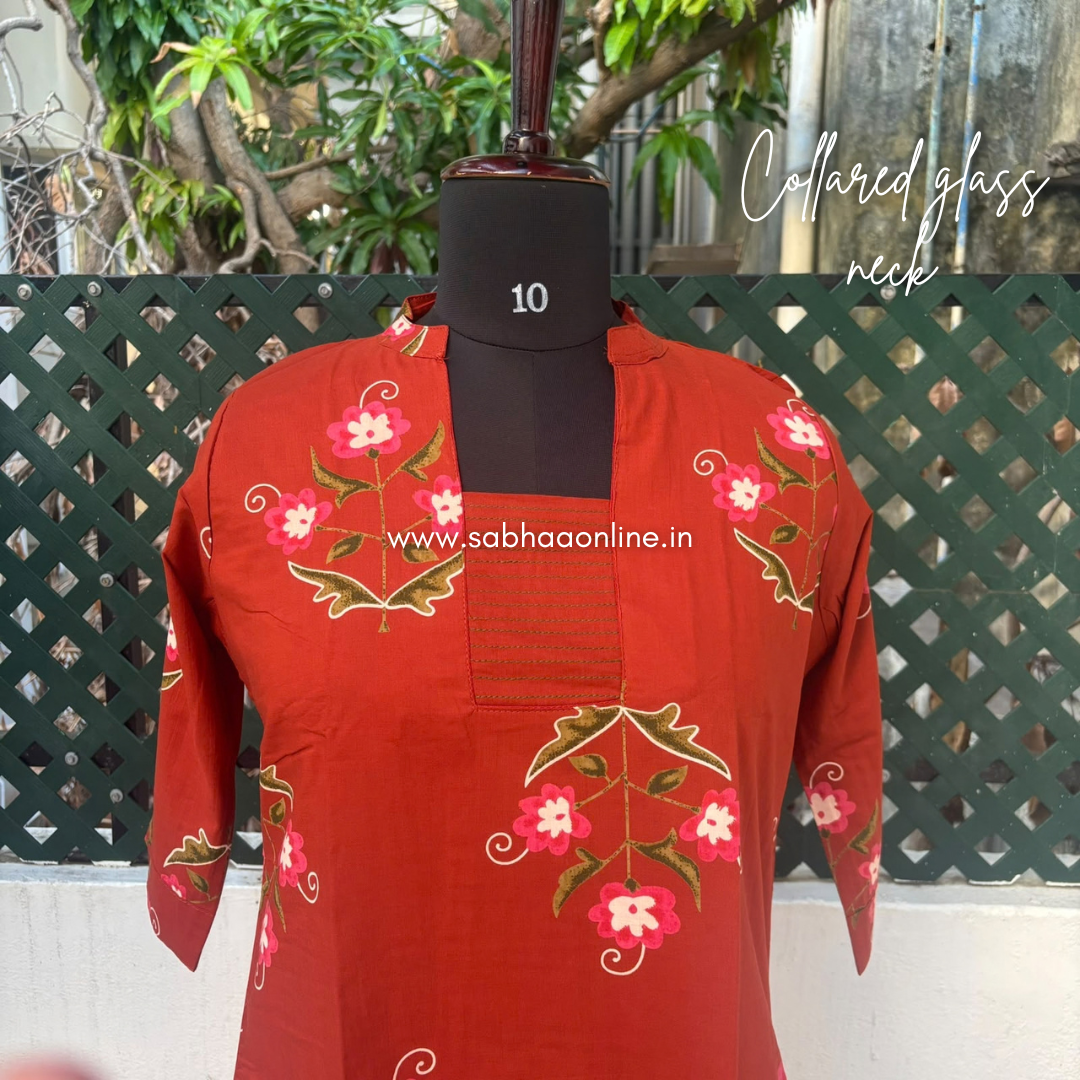 Kural - Rust Orange Floral Cotton kurti 3pc set with lining - LN 74