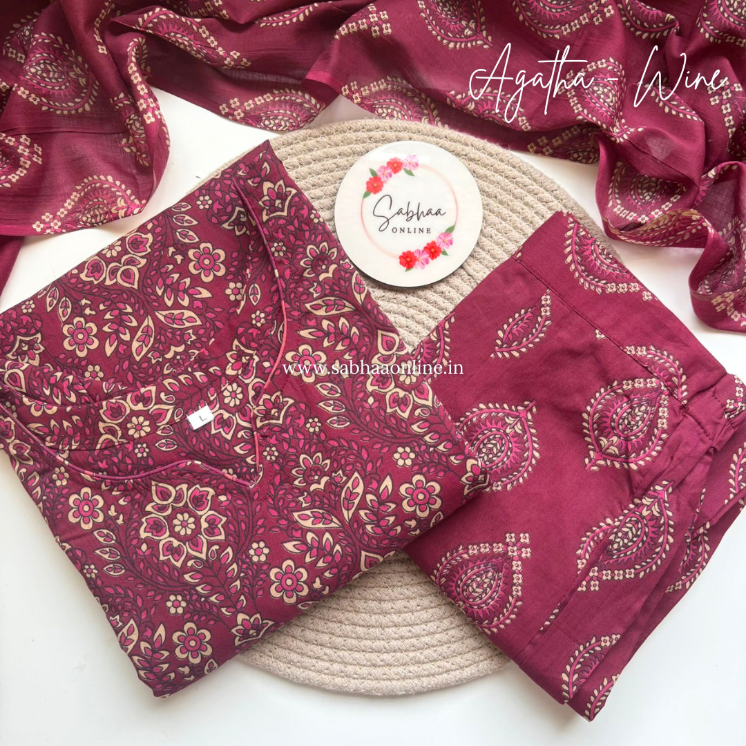 Agatha - Wine Cotton Kurti 3pc set with lining - LN 46