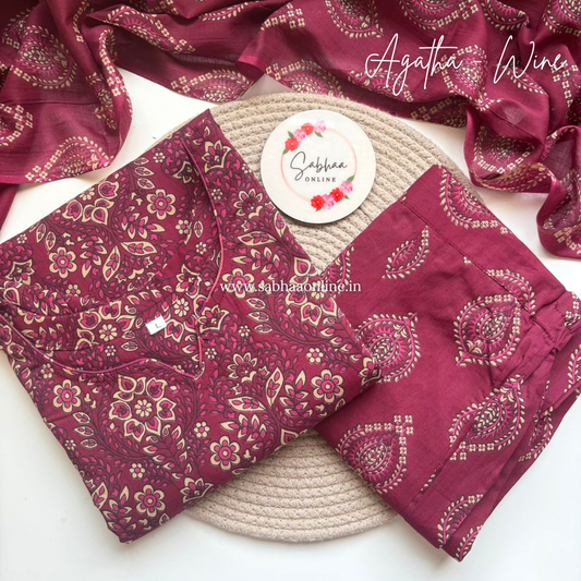 Agatha - Wine Cotton Kurti 3pc set with lining - LN 46