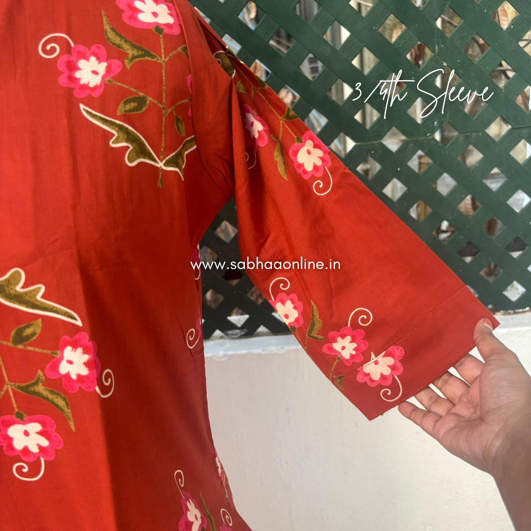 Kural - Rust Orange Floral Cotton kurti 3pc set with lining - LN 74