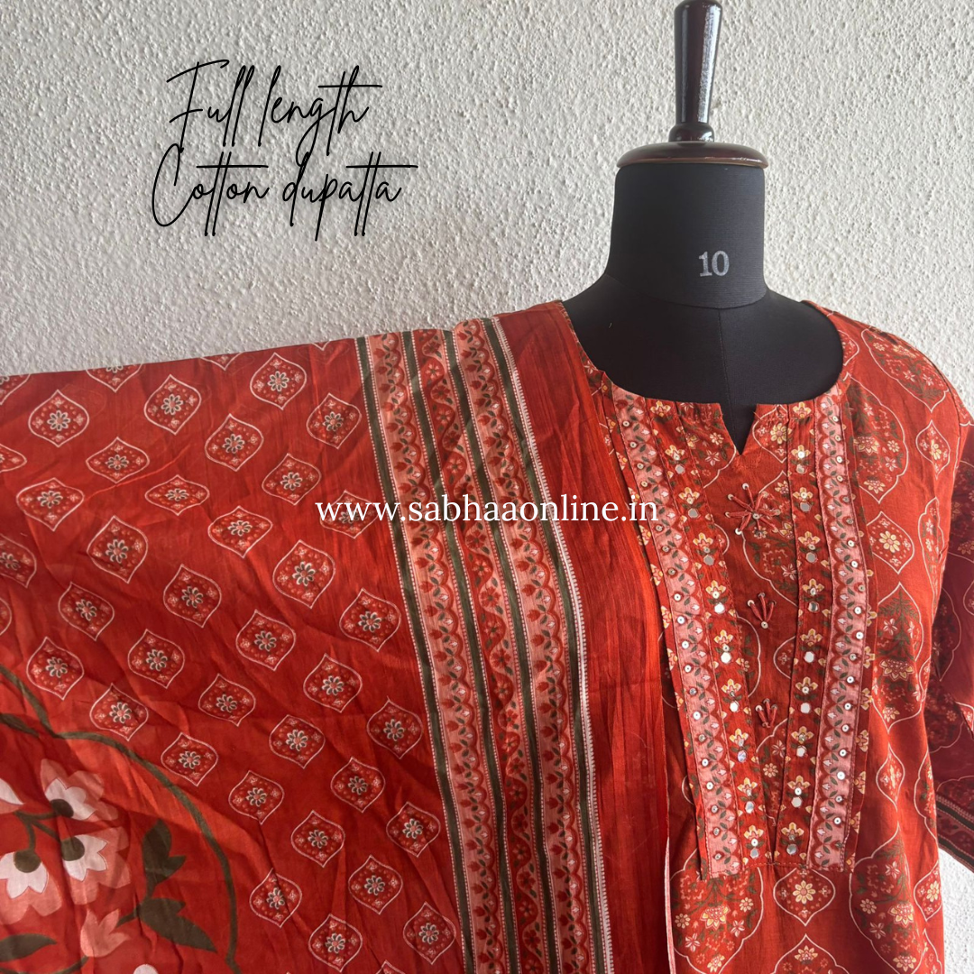 Sreshta - Orange Cotton Kurti 3pc set - LN 54