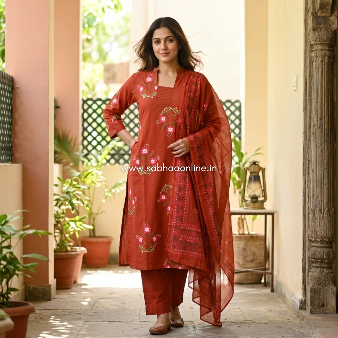 Kural - Rust Orange Floral Cotton kurti 3pc set with lining - LN 74