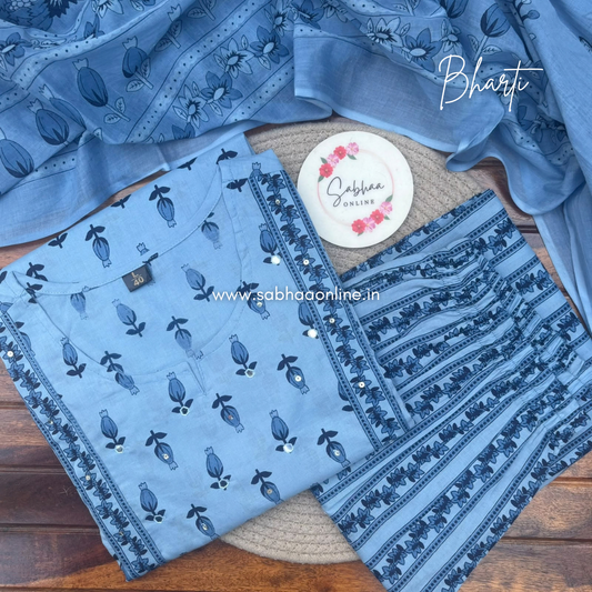 Bharti - Soft light blue Cotton kurti 3pc set without lining - LN 75