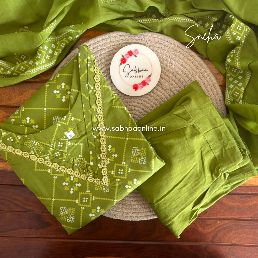 Sneha - Chartreuse green/light green Cotton kurti 3pc set with lining - LN 66