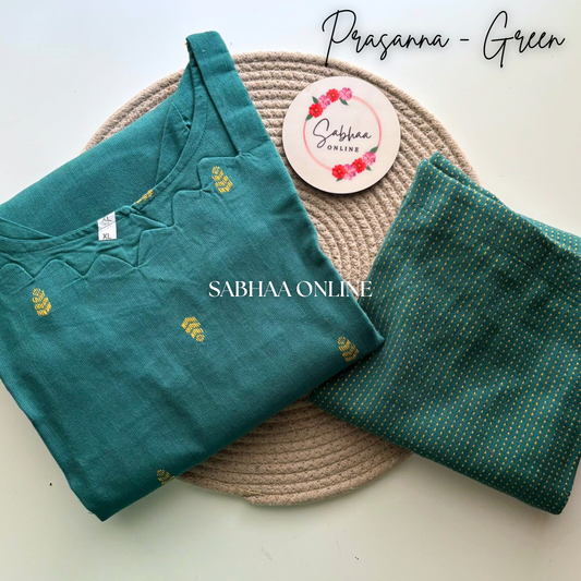 Prasanna - Emerald green Weaved Cotton kurti pant set (with lining ) - LN10