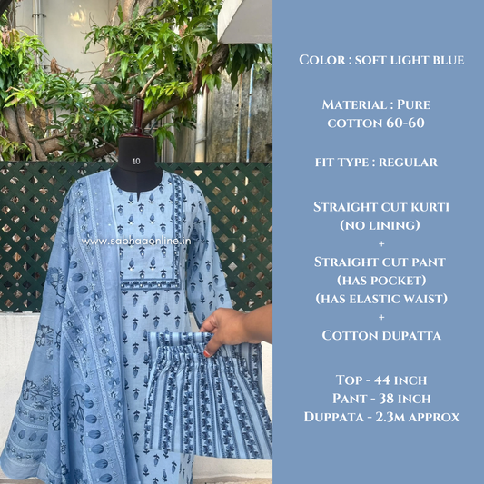 Bharti - Soft light blue Cotton kurti 3pc set without lining - LN 75