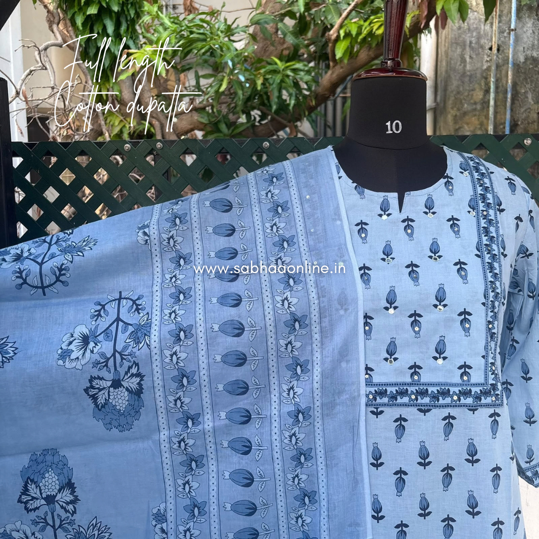 Bharti - Soft light blue Cotton kurti 3pc set without lining - LN 75