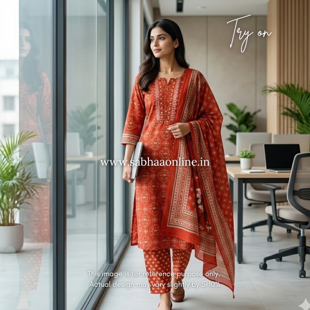 Sreshta - Orange Cotton Kurti 3pc set - LN 54