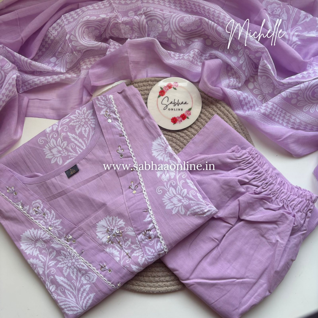 Michelle - Lilac Cotton kurti 3pc set - LN 54