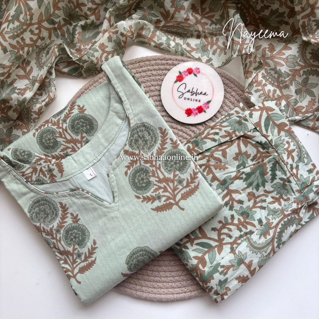 Nayeema - Pale Mint Cotton Kurti 3pc set with lining (Slim fit)- LN 46