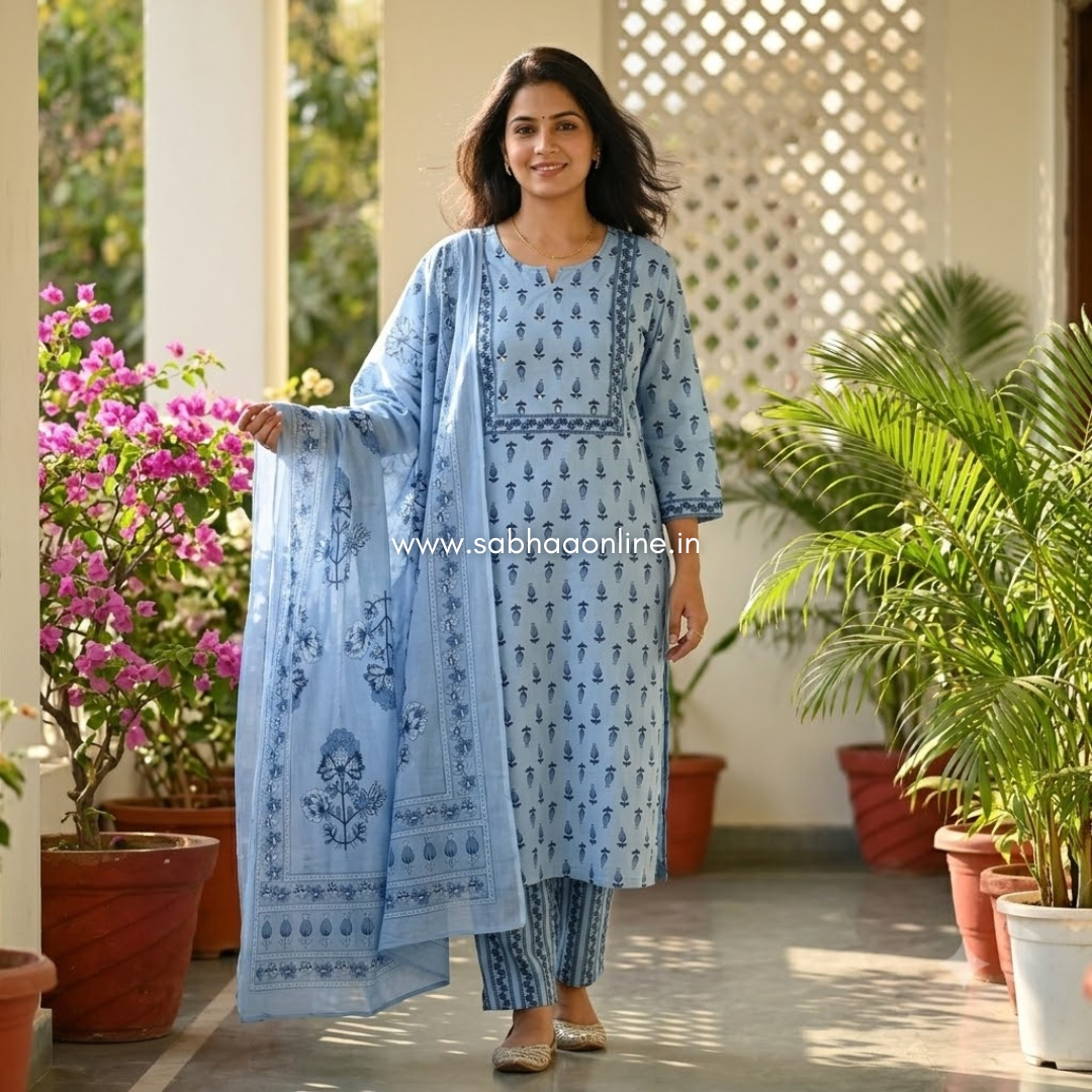Bharti - Soft light blue Cotton kurti 3pc set without lining - LN 75