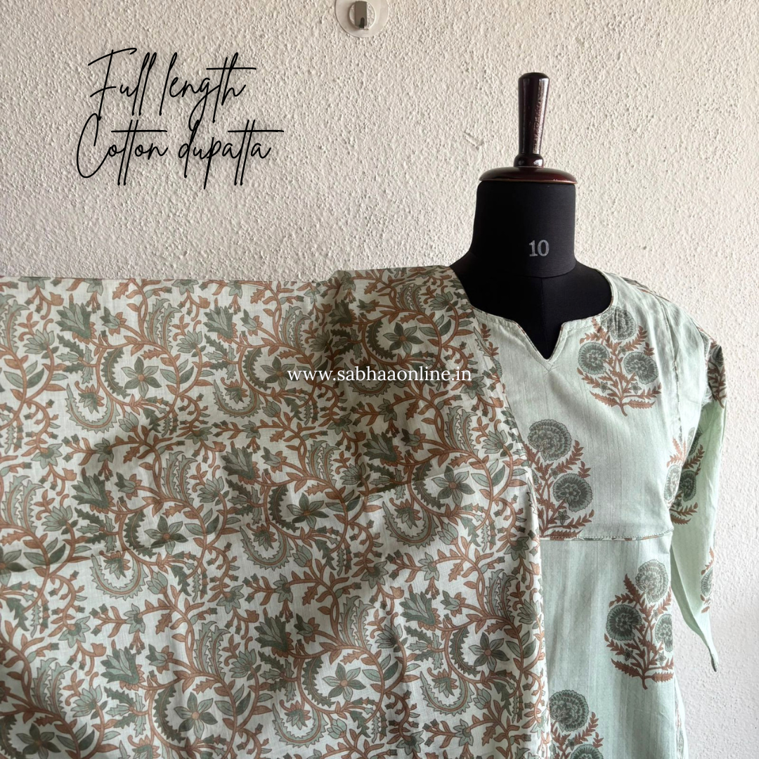 Nayeema - Pale Mint Cotton Kurti 3pc set with lining (Slim fit)- LN 46