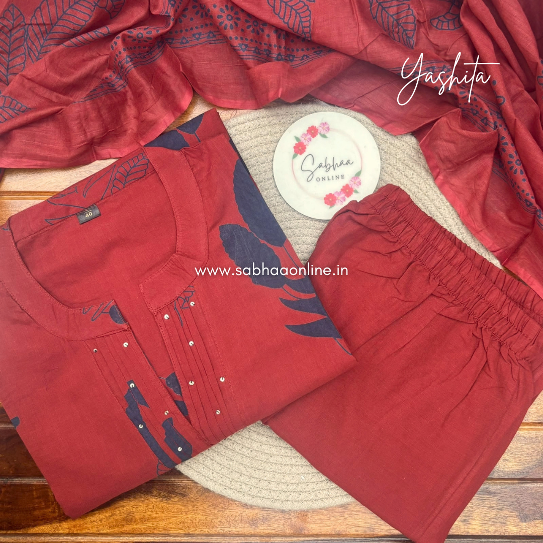 Yashita - Muted Brick Red and Dark blue Cotton Kurti 3pc set without lining - LN 75